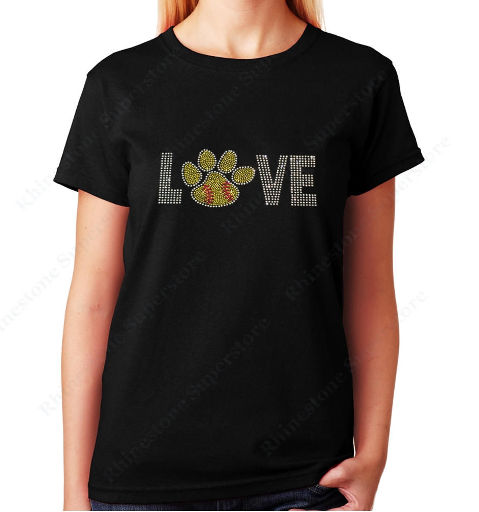 Women Unisex T-Shirt with Love Softball Paw in Rhinestones Crew Neck