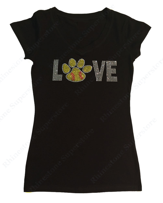 Womens T-shirt with Love Softball Paw in Rhinestones