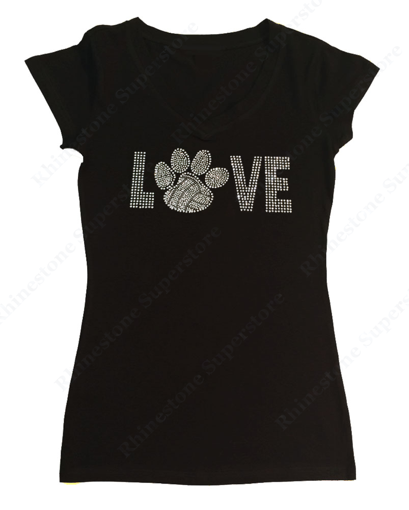 Womens T-shirt with Love Volleyball Paw in Rhinestones