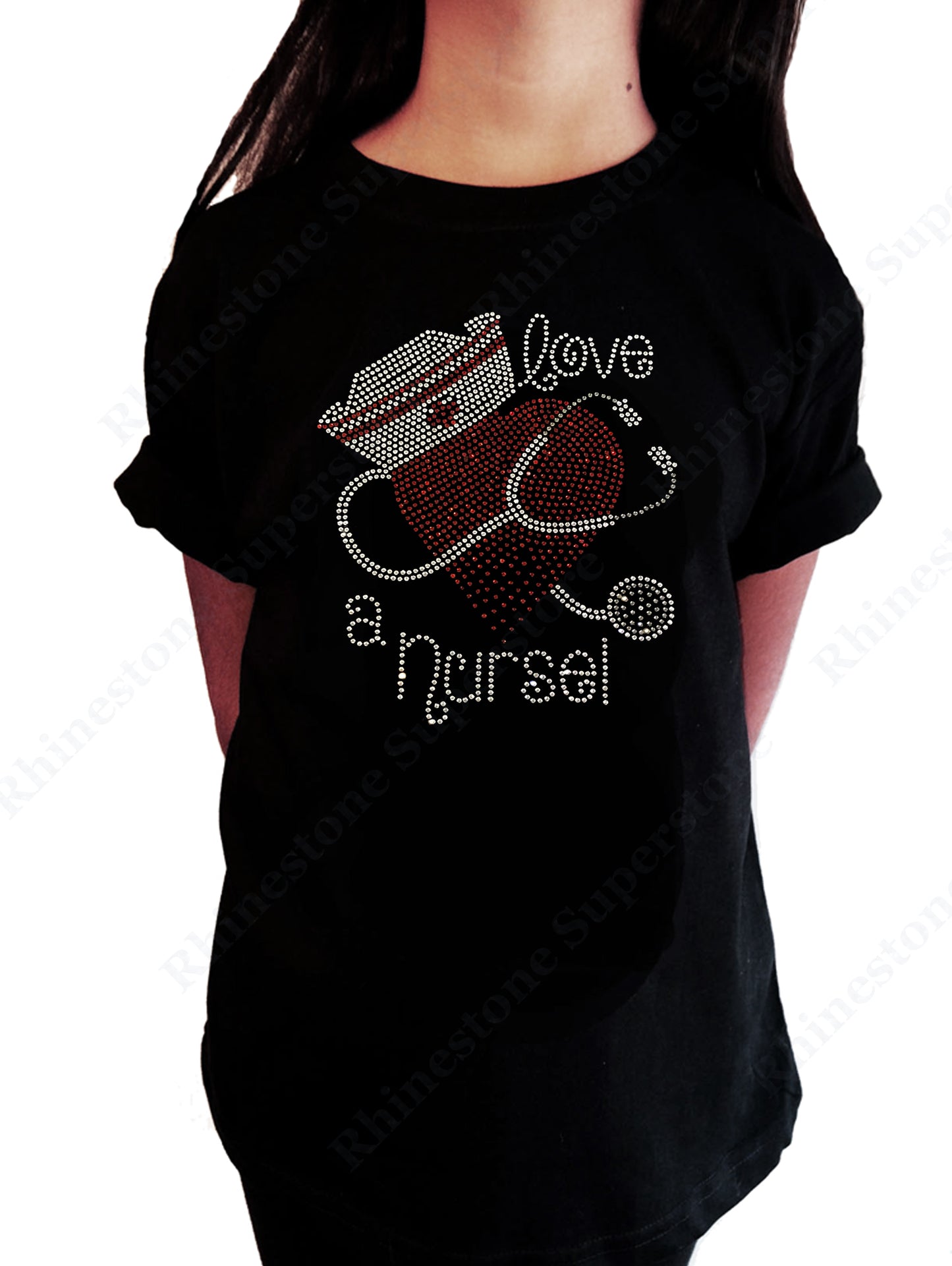 Girls Rhinestone T-Shirt Love a Nurse in Rhinestones