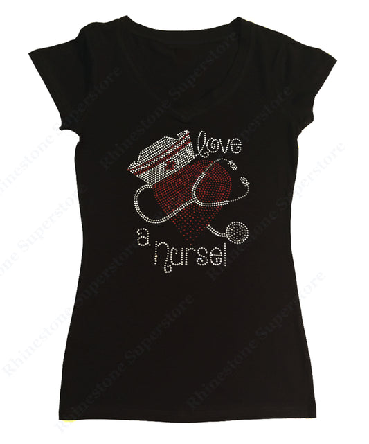Womens T-shirt with Love a Nurse in Rhinestones