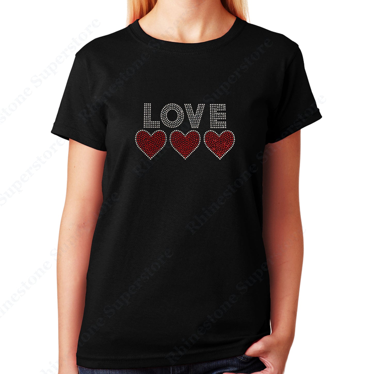 Women's / Unisex T-Shirt with Love with 3 Hearts in Rhinestones