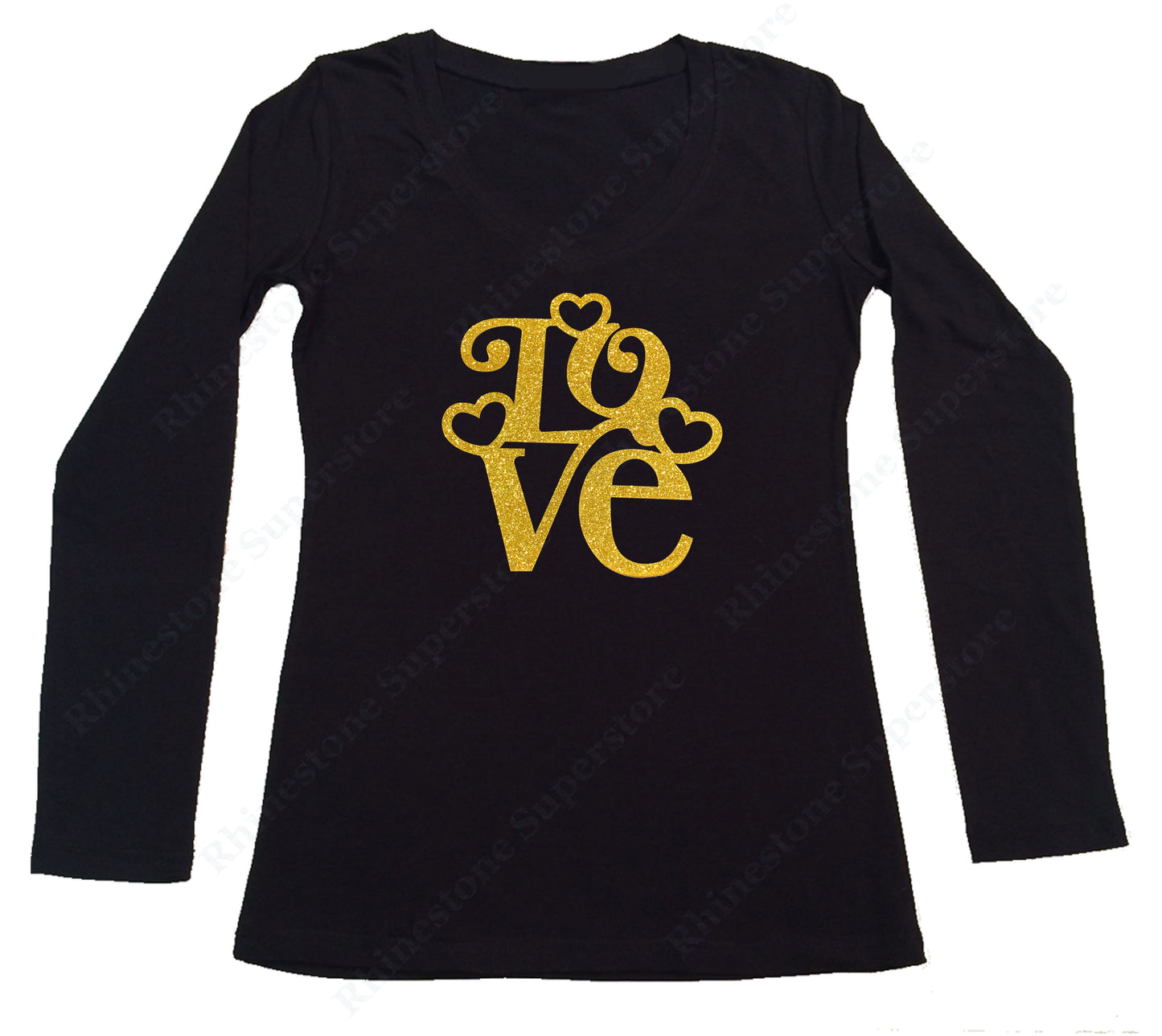 Womens T-shirt with Love with Hearts in Gold Glitters