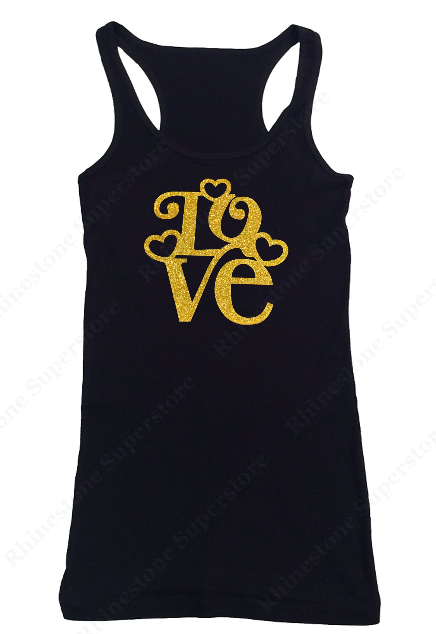 Womens T-shirt with Love with Hearts in Gold Glitters
