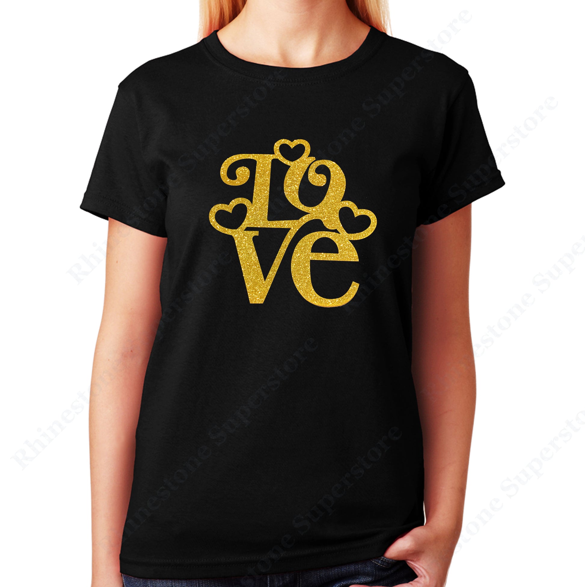 Unisex T-Shirt with Love with Hearts in Gold Glitters