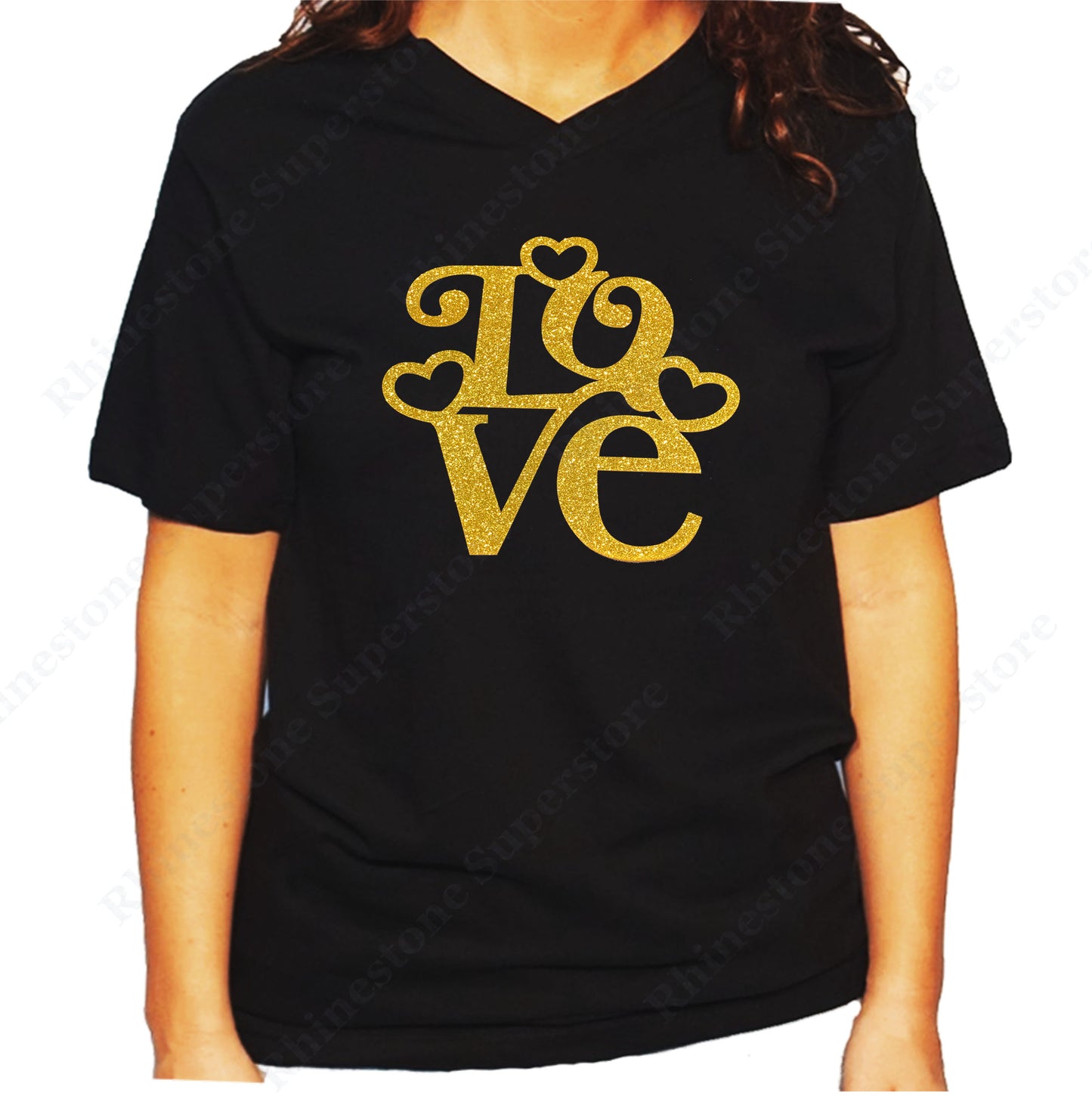 Women's / Unisex T-Shirt with Love with Hearts in Gold Glitters