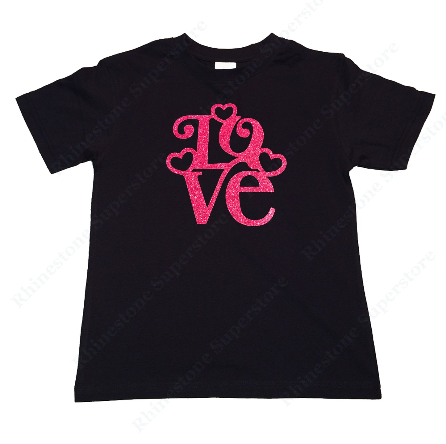 Girls Rhinestone T-Shirt " Love with Hearts in Pink Glitters " Kids Size 3 to 14 Available