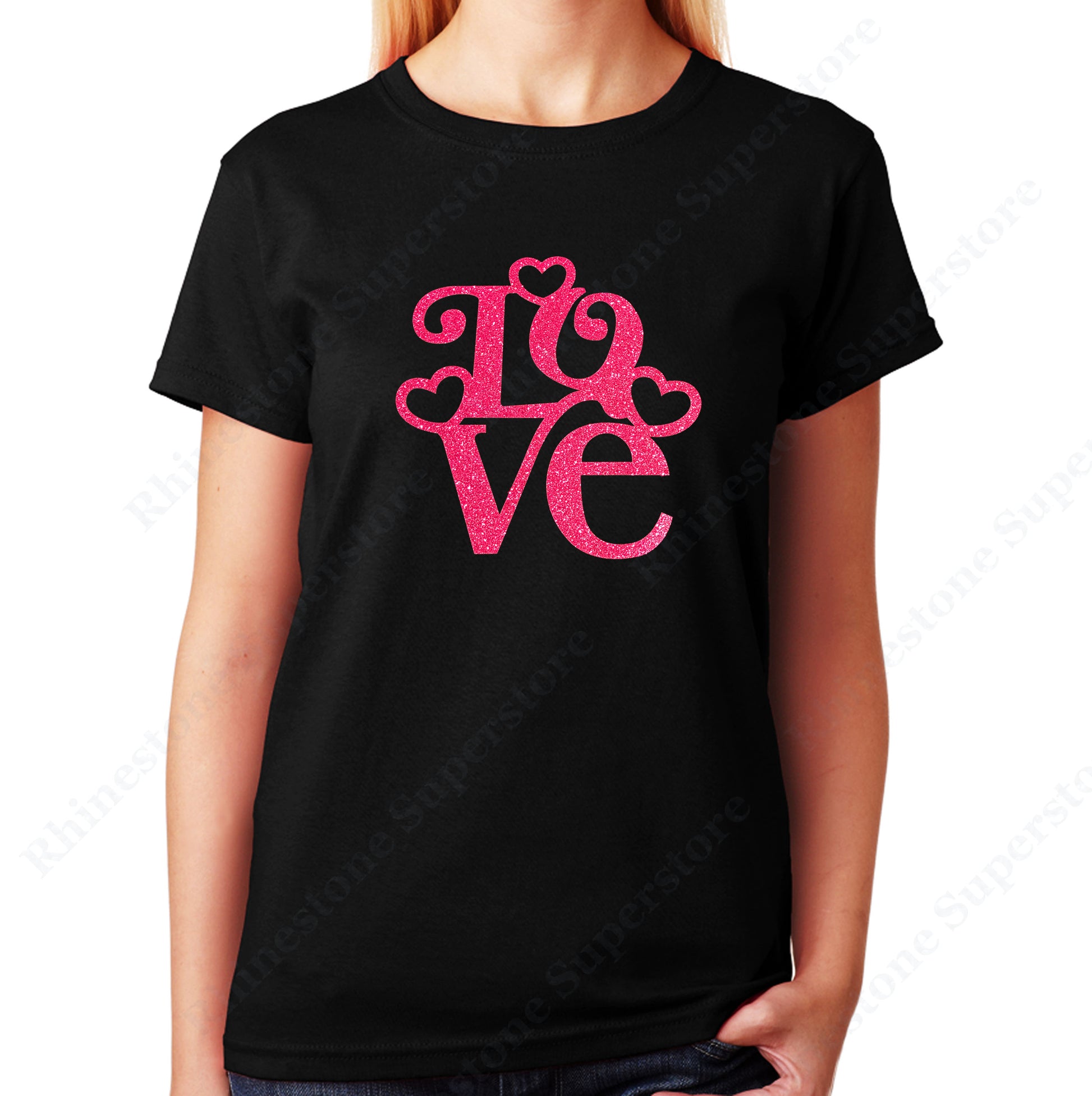 Unisex T-Shirt with Love with Hearts in Pink Glitters