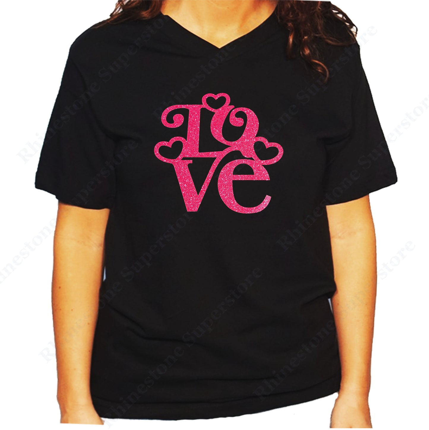 Women's / Unisex T-Shirt with Love with Hearts in Pink Glitters