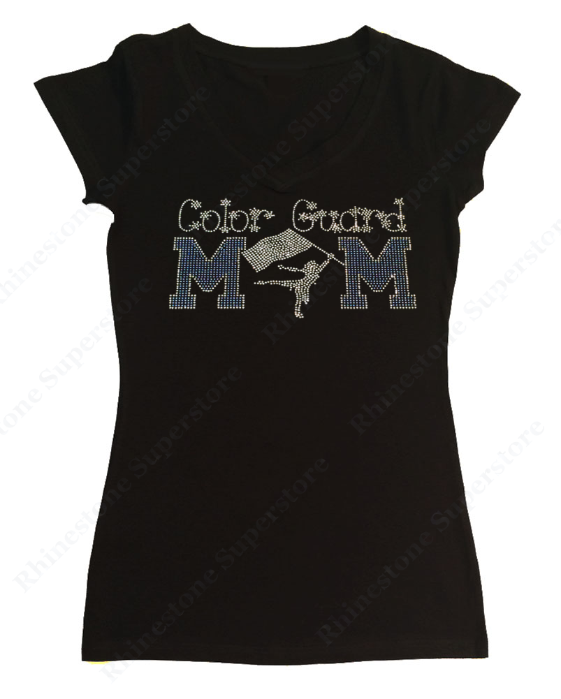 Womens T-shirt with Lt. Blue Color Guard Mom in Rhinestones