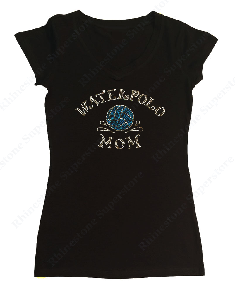 Womens T-shirt with Lt. Blue Ball Waterpolo Mom in Rhinestones