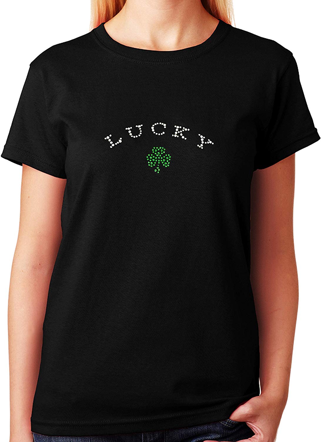Women's / Unisex T-Shirt with Lucky 3 Leaf Clover In Rhinestones
