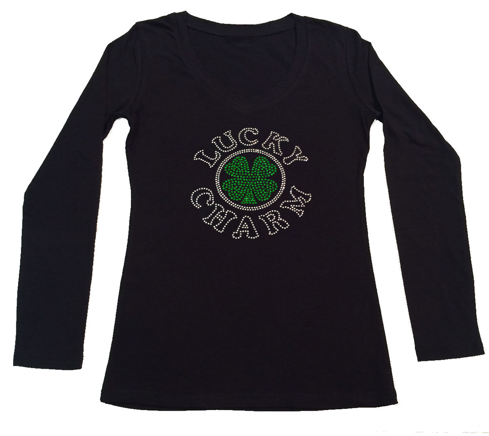 Womens T-shirt with Lucky Charm Clover St. Patrick's Day in Rhinestones
