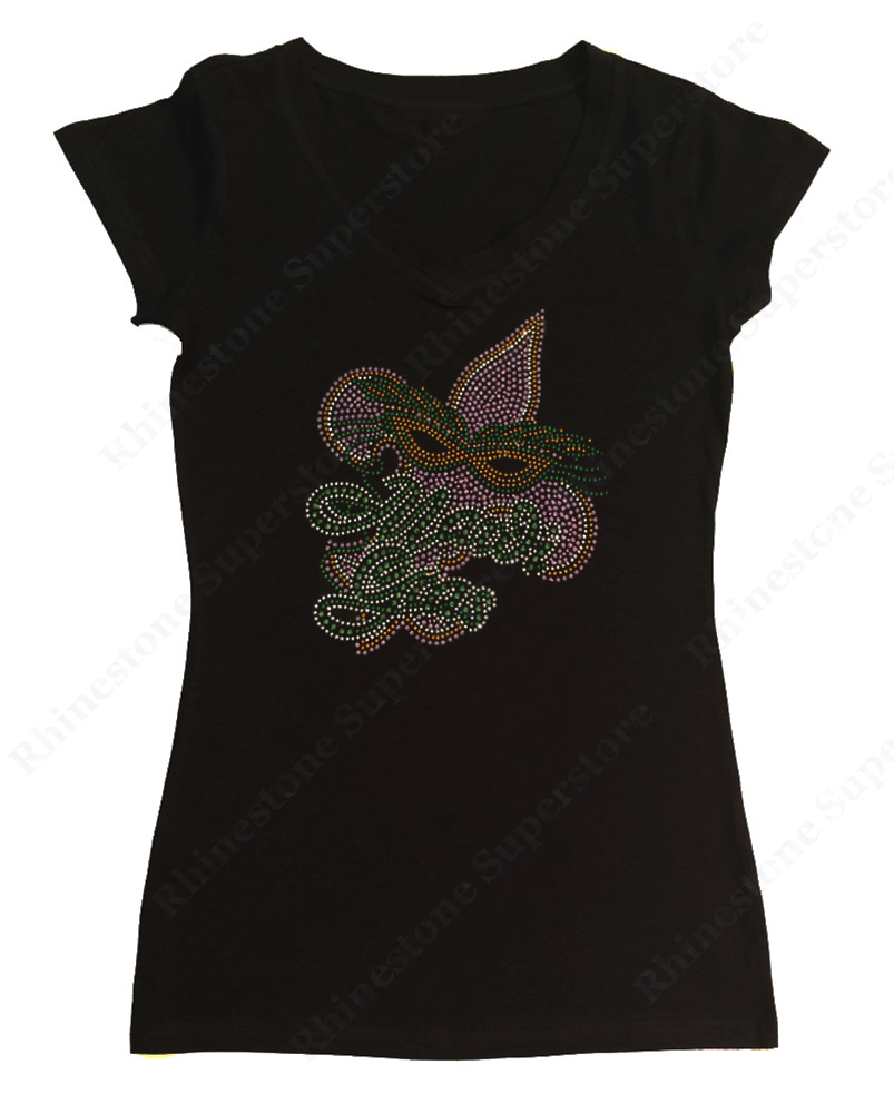 Womens T-shirt with Mardi Gras Mask and Fleur de lis in Rhinestuds