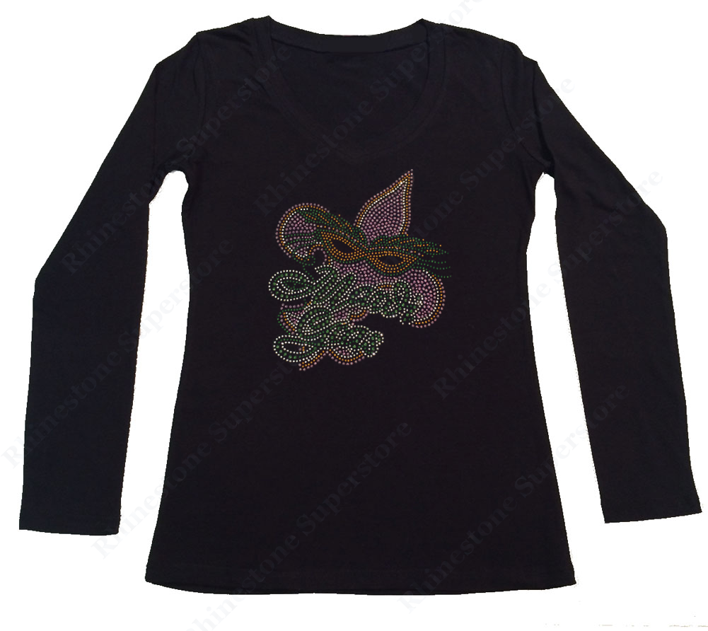 Womens T-shirt with Mardi Gras Mask and Fleur de lis in Rhinestuds