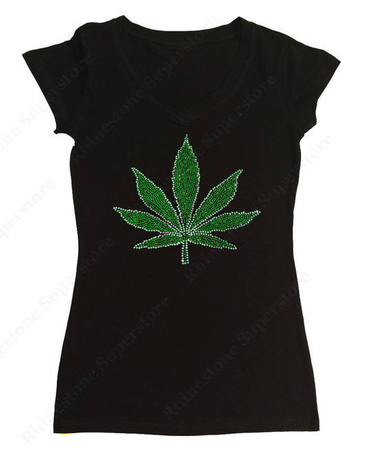 Womens T-shirt with Marijuana Leaf in Rhinestones