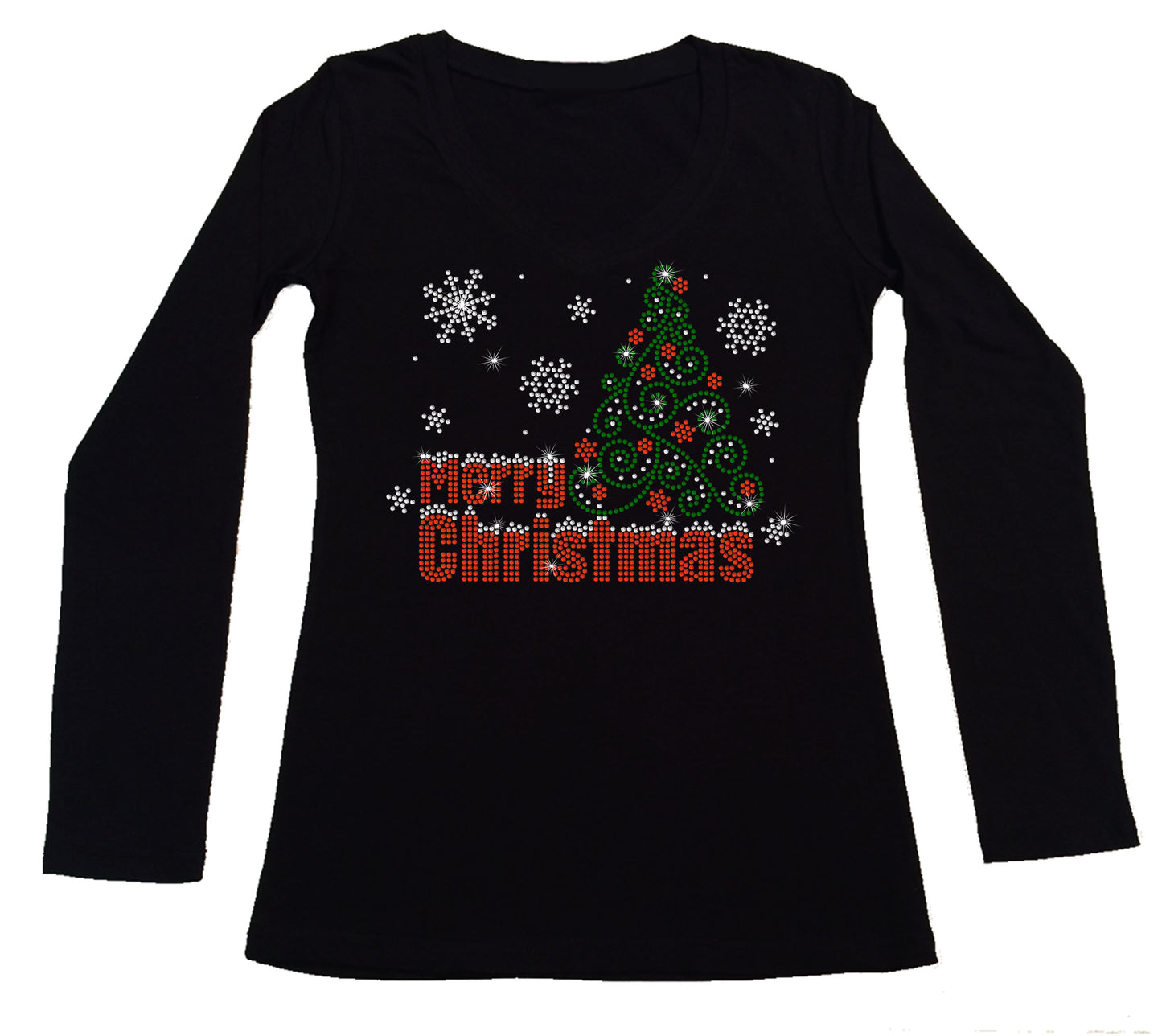Women's Rhinestone Fitted Tight Snug Shirt Merry Christmas Snowcapped - Christmas Shirt