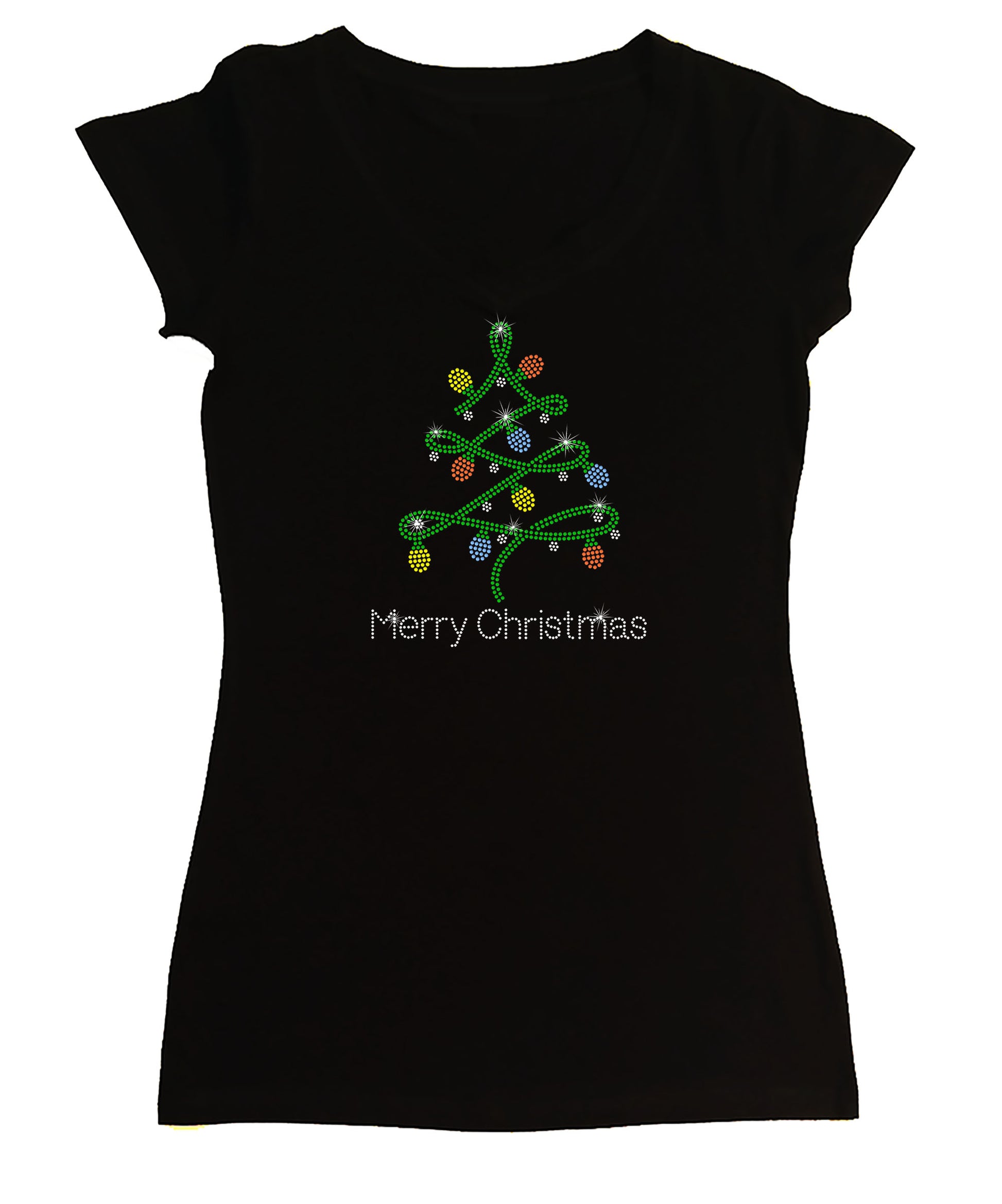 Women's Rhinestone Fitted Tight Snug Shirt Merry Christmas Tree with Lights - Christmas Shirt