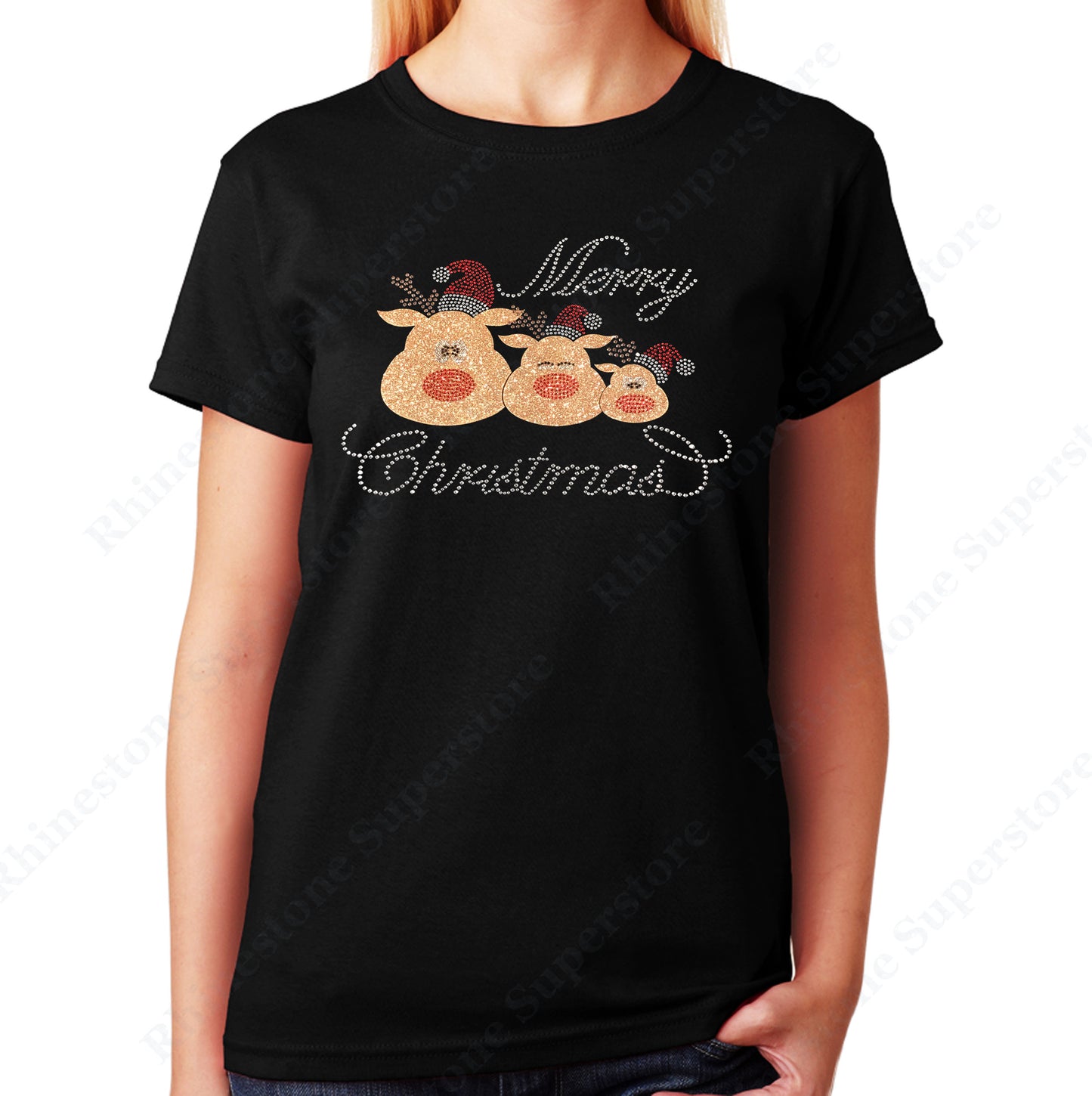 Unisex T-Shirt with Merry Christmas 3 Reindeer in Glitters and Rhinestones