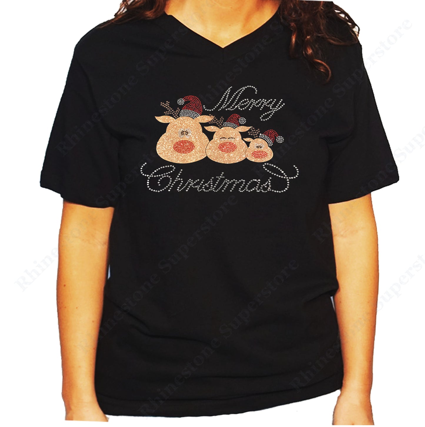 Women's / Unisex T-Shirt with Merry Christmas 3 Reindeer in Glitters and Rhinestones