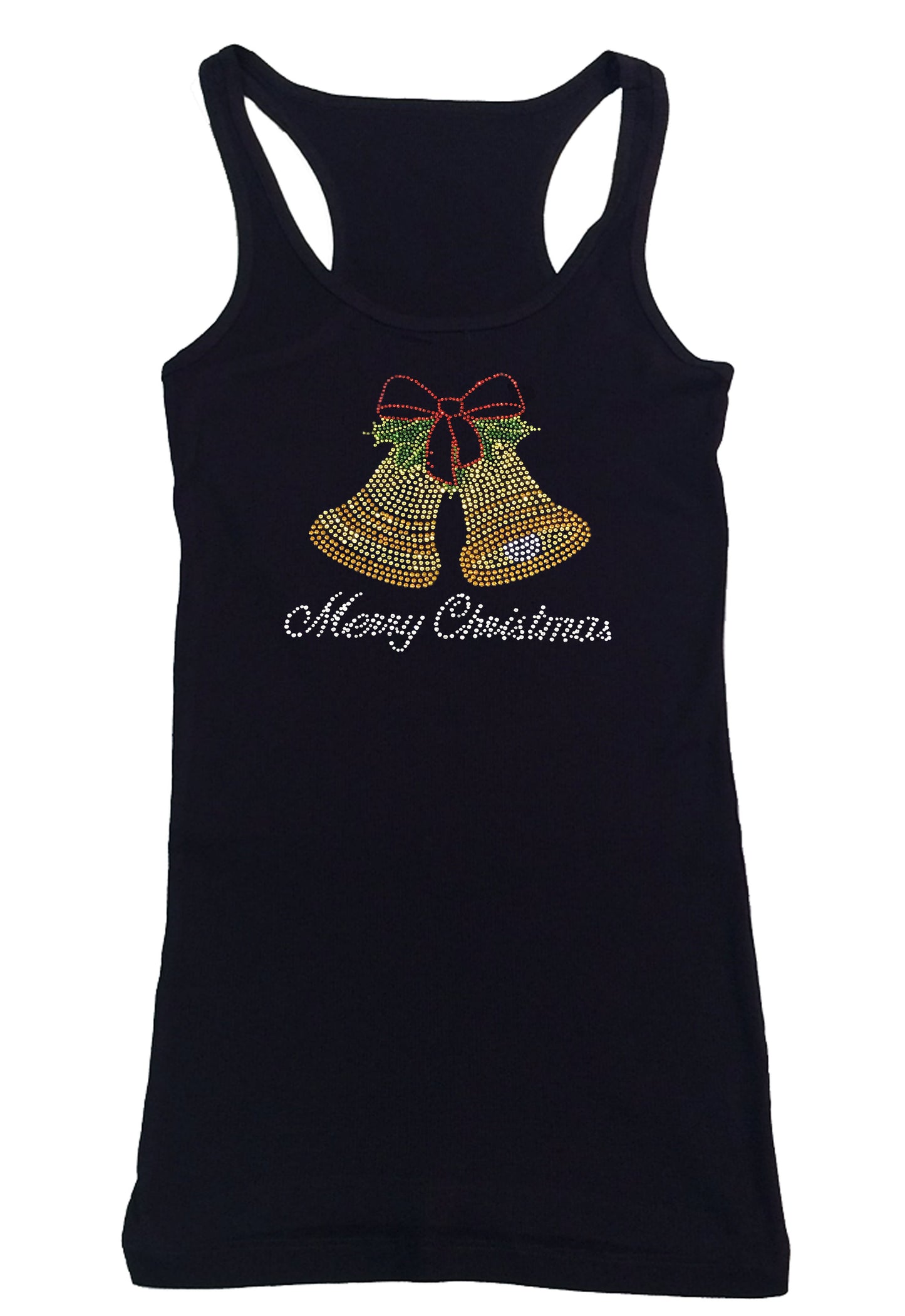 Womens T-shirt with Merry Christmas Bells in Rhinestones