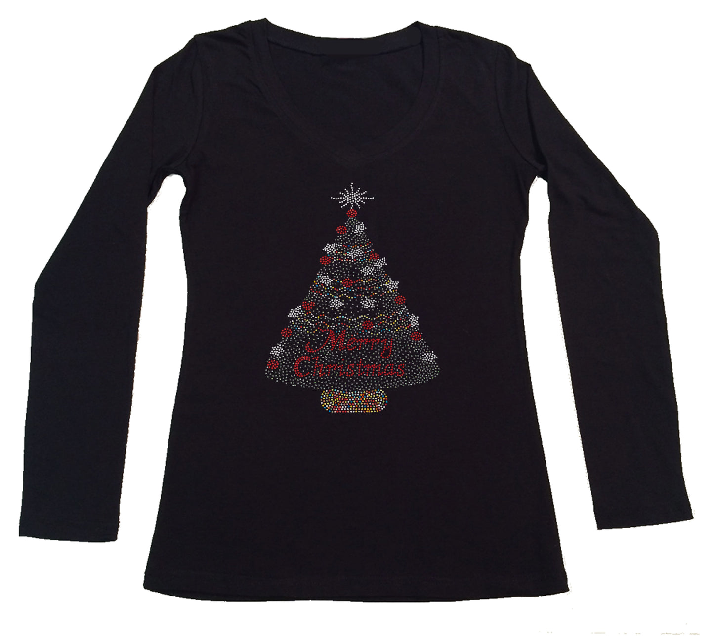 Womens T-shirt with Merry Christmas Colorful Tree in Rhinestones