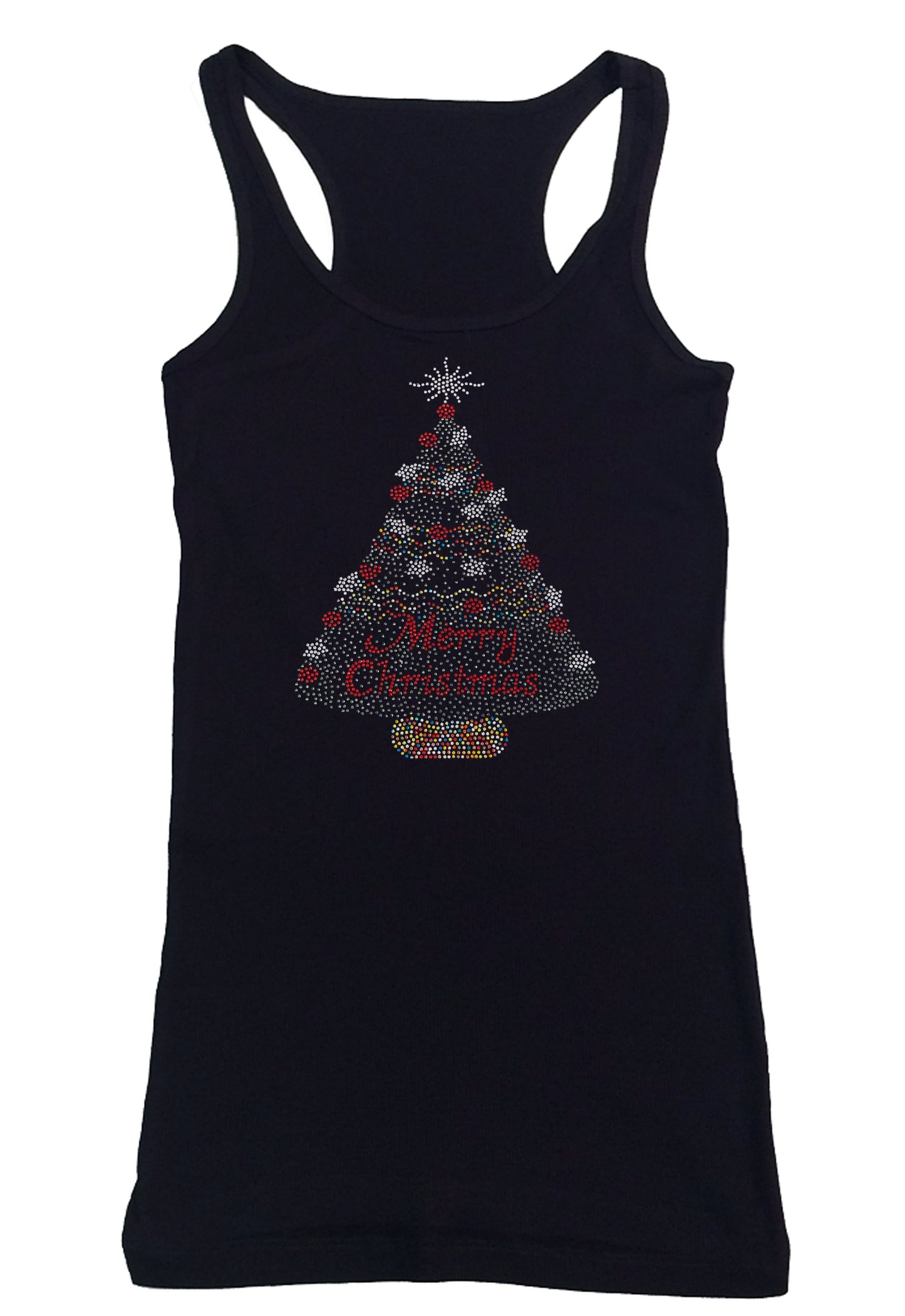 Womens T-shirt with Merry Christmas Colorful Tree in Rhinestones