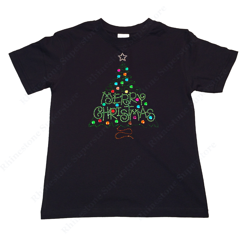 Girls Rhinestone T-Shirt " Merry Christmas Green Tree " Size 3 to 14 Available