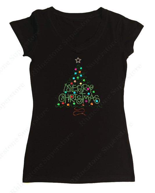 Womens T-shirt with Merry Christmas Green Tree in Rhinestones