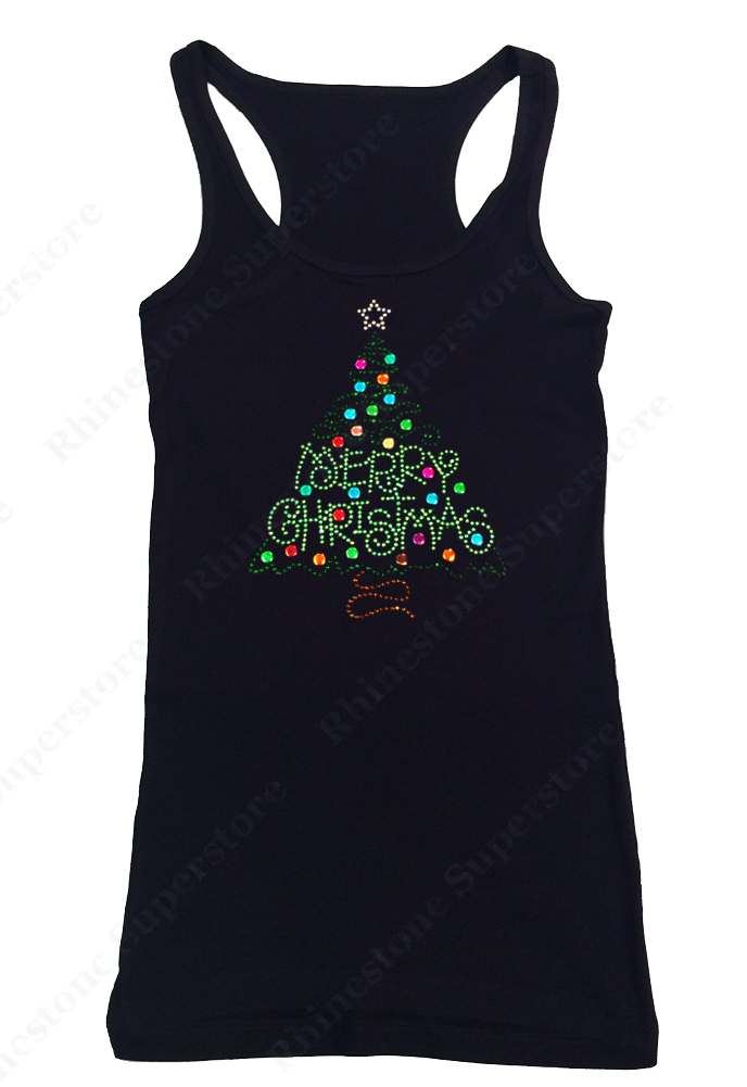 Womens T-shirt with Merry Christmas Green Tree in Rhinestones