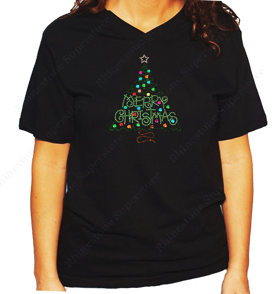 Women's / Unisex T-Shirt with Merry Christmas Green Tree in Rhinestones