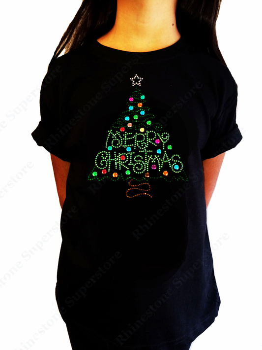 Girls Rhinestone T-Shirt " Merry Christmas Green Tree " Size 3 to 14 Available