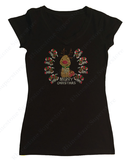 Womens T-shirt with Merry Christmas Reindeer in Rhinestones