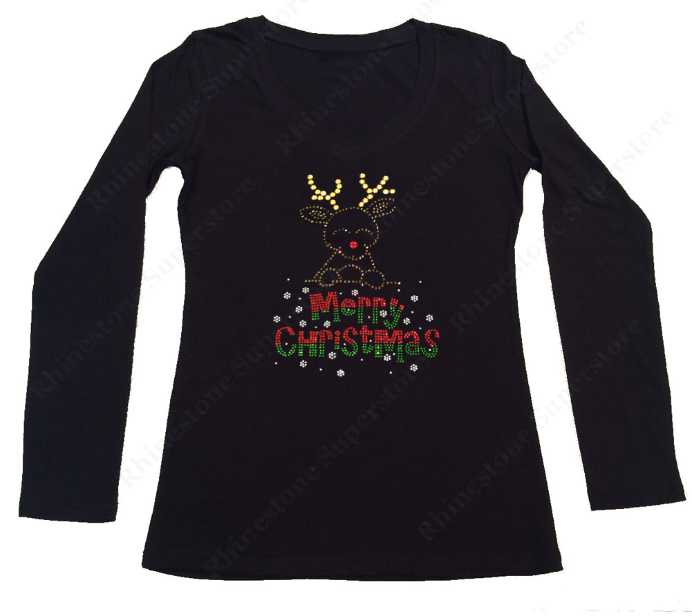 Womens T-shirt with Merry Christmas Rudolph the Red Nosed Reindeer in Rhinestones