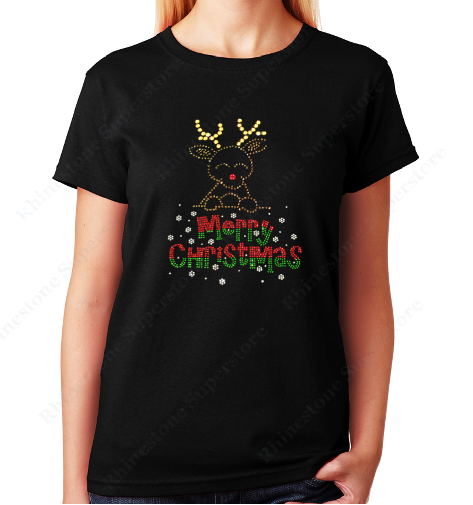Women Unisex T-Shirt with Merry Christmas Rudolph the Red Nose Reindeer in Rhinestones Crew Neck