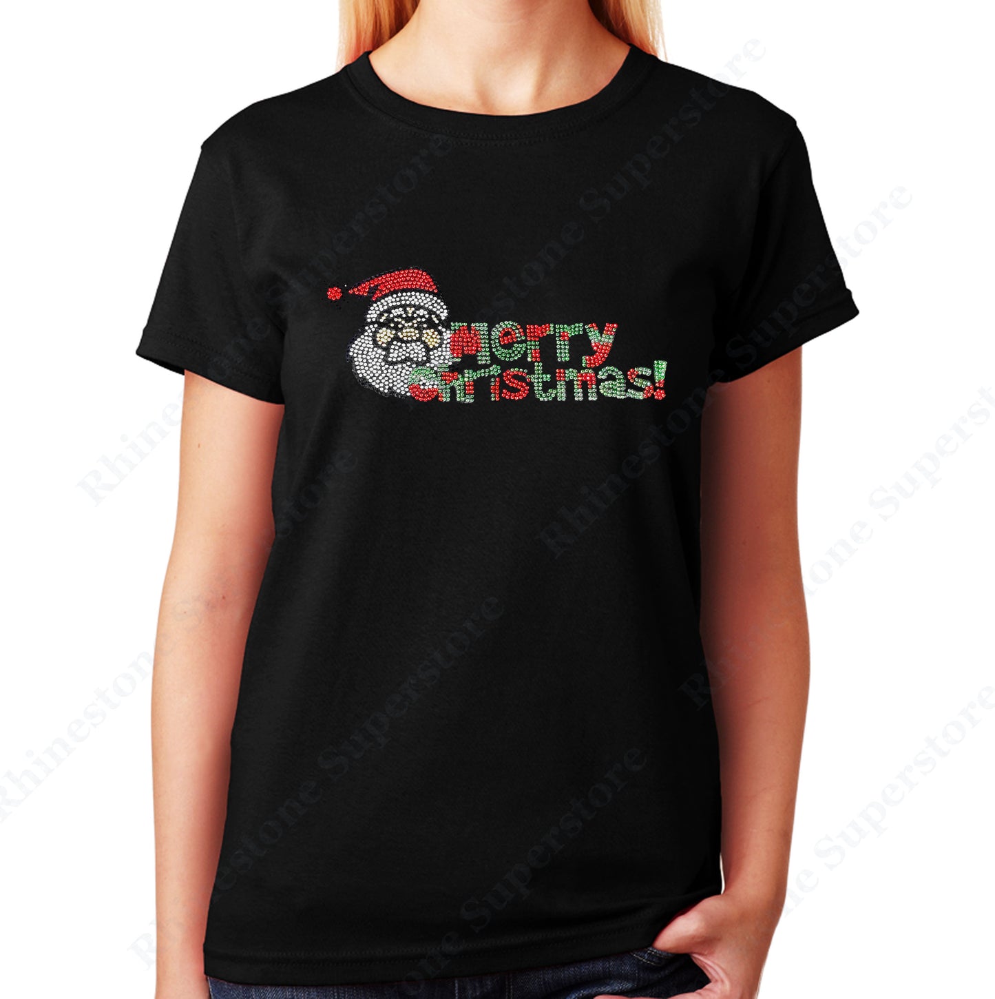 Unisex T-Shirt with Merry Christmas Santa in Rhinestones