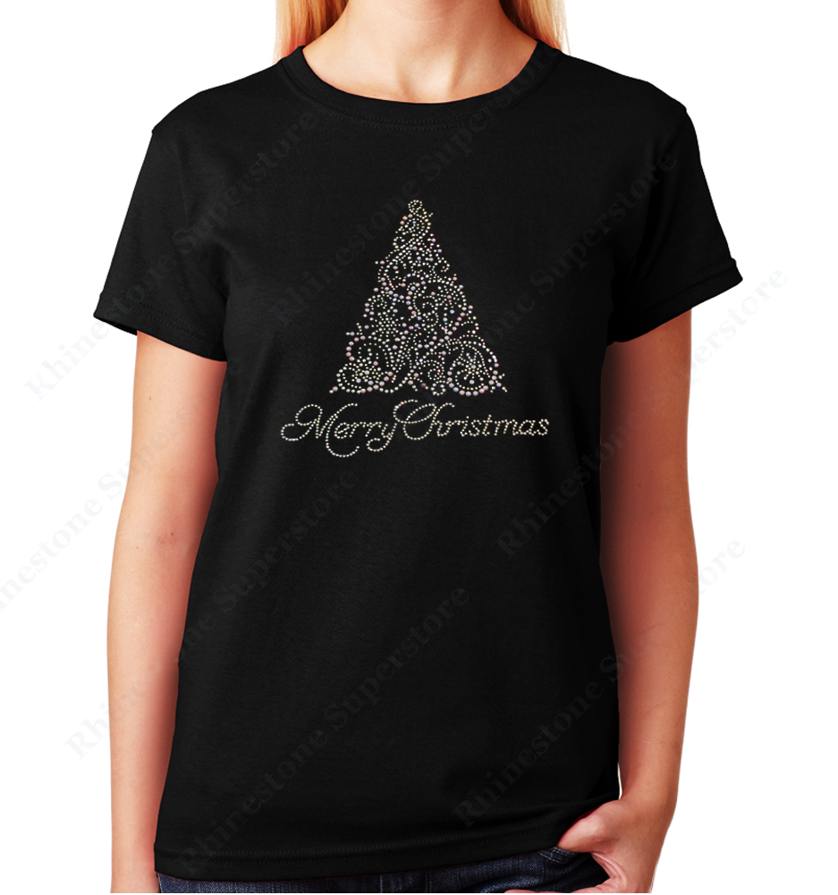 Women Unisex T-Shirt with Merry Christmas Tree in Crystal and Pearl in Rhinestones Crew Neck