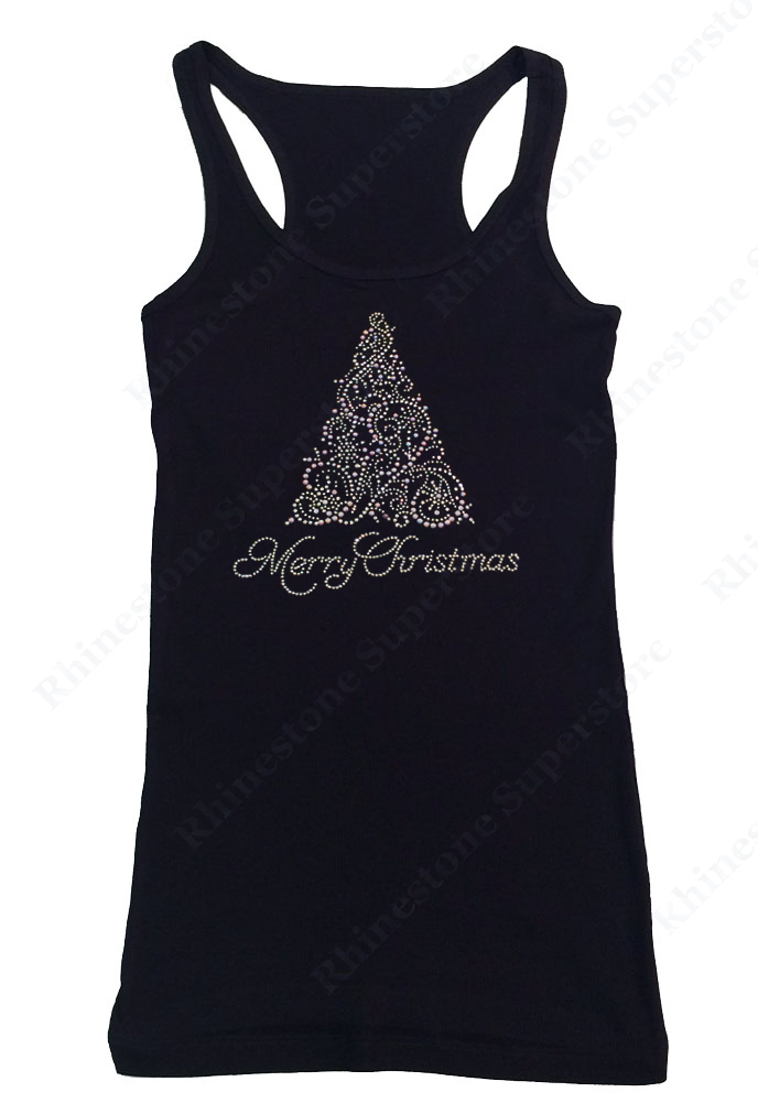 Womens T-shirt with Merry Christmas Tree in Crystal and Pearl Rhinestones