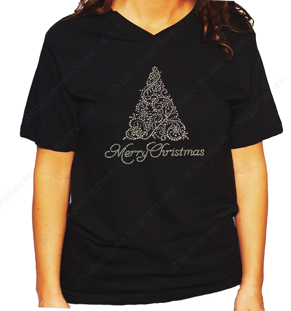 Women Unisex T-Shirt with Merry Christmas Tree in Crystal and Pearl in Rhinestones Crew Neck
