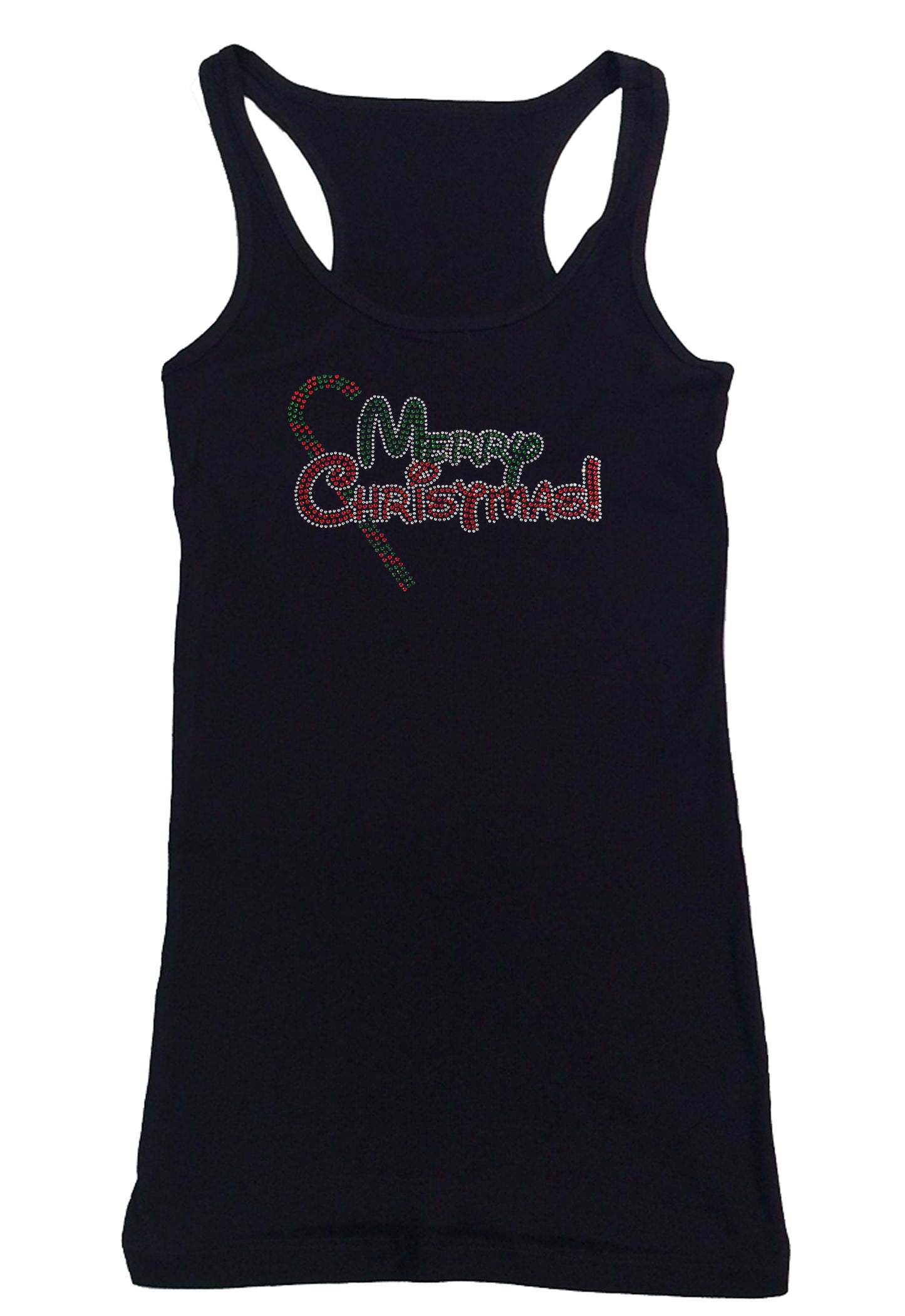 Womens T-shirt with Merry Christmas with Candy Cane in Rhinestones