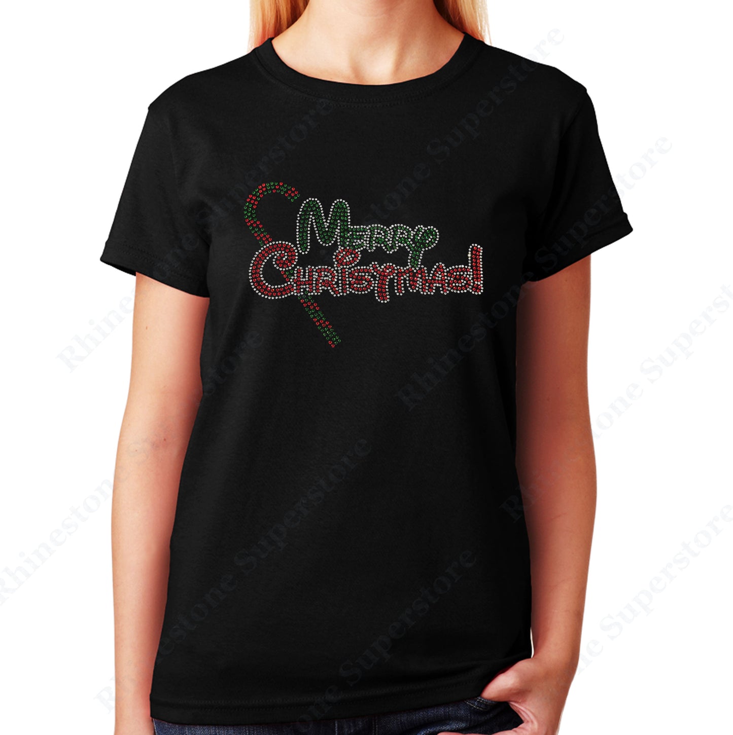 Unisex T-Shirt with Merry Christmas With Candy Cane in Rhinestones