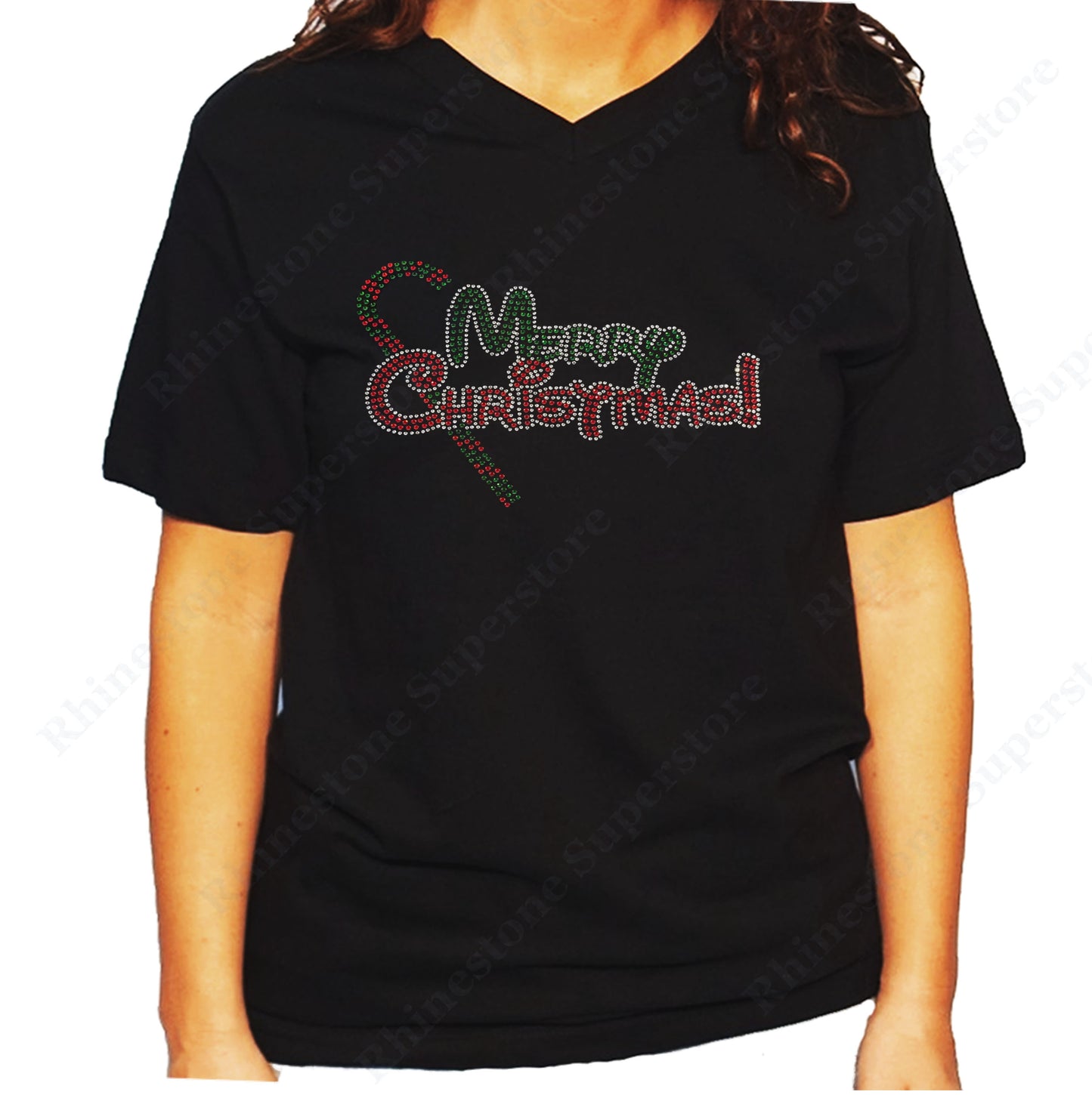 Women's / Unisex T-Shirt with Merry Christmas With Candy Cane in Rhinestones