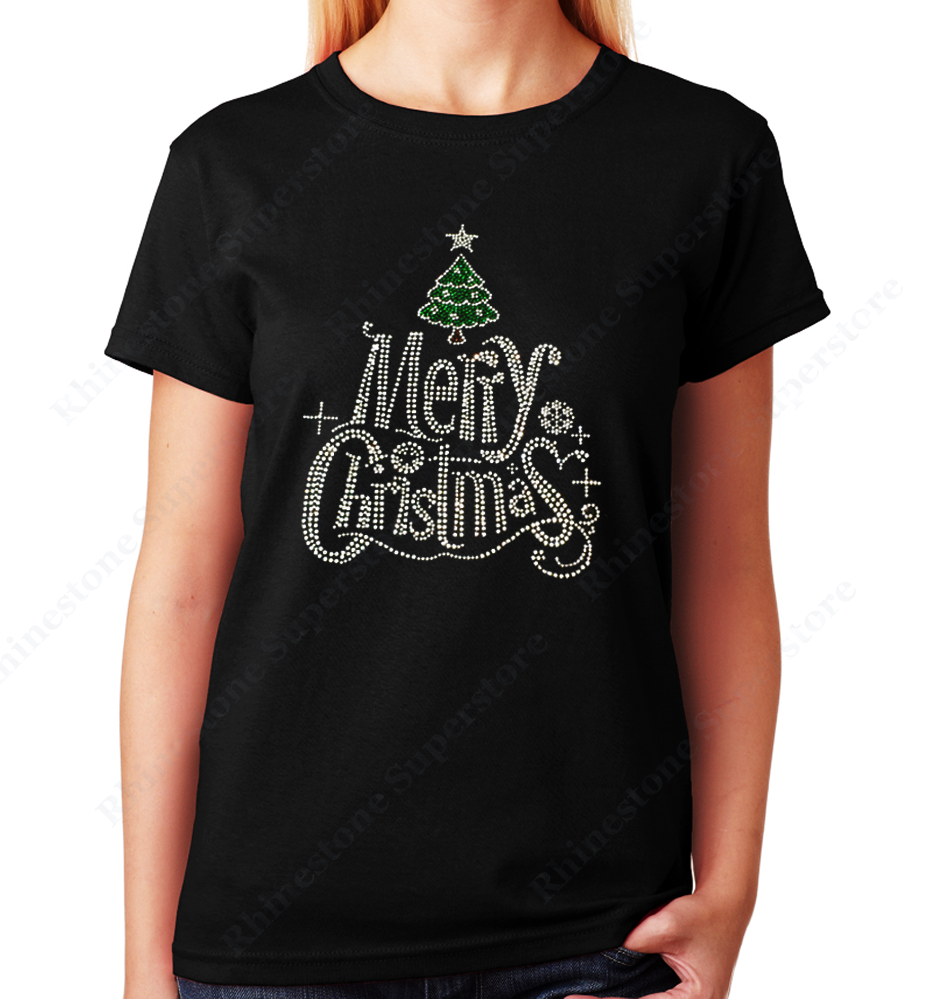Women Unisex T-Shirt with Merry Christmas with Christmas Tree in Rhinestones Crew Neck