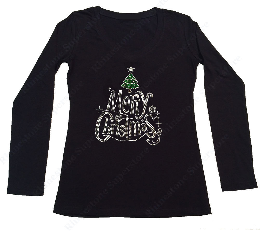 Womens T-shirt with Merry Christmas with Christmas Tree in Rhinestones