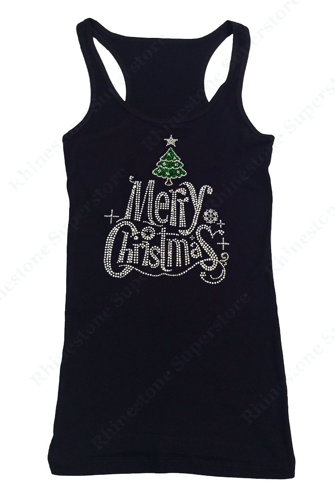 Womens T-shirt with Merry Christmas with Christmas Tree in Rhinestones
