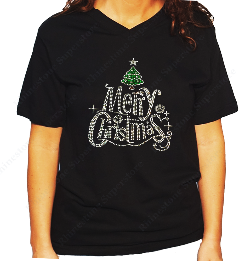Women Unisex T-Shirt with Merry Christmas with Christmas Tree in Rhinestone V Neck