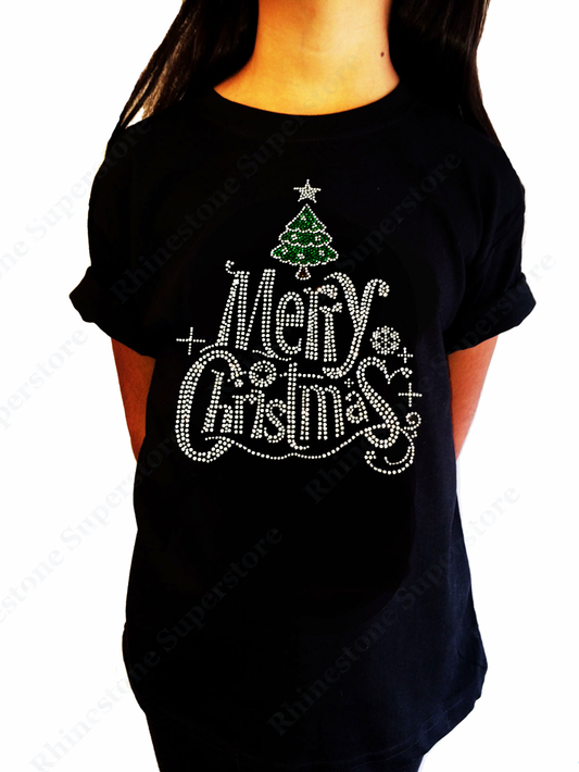 Girls Rhinestone T-Shirt " Merry Christmas with Christmas Tree " Size 3 to 14 Available