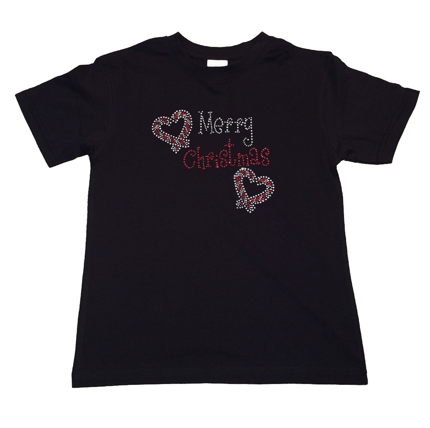Girls Rhinestone T-Shirt " Merry Christmas with Heart Candy Cane in Rhinestones " Kids Size 3 to 14 Available