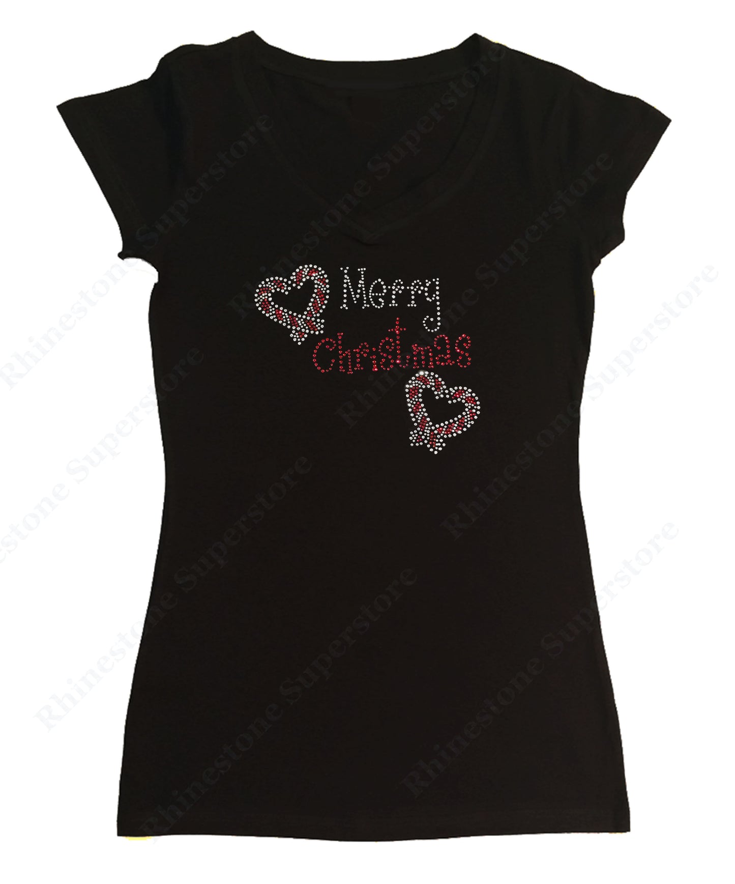 Womens T-shirt with Merry Christmas with Heart Candy Cane in Rhinestones