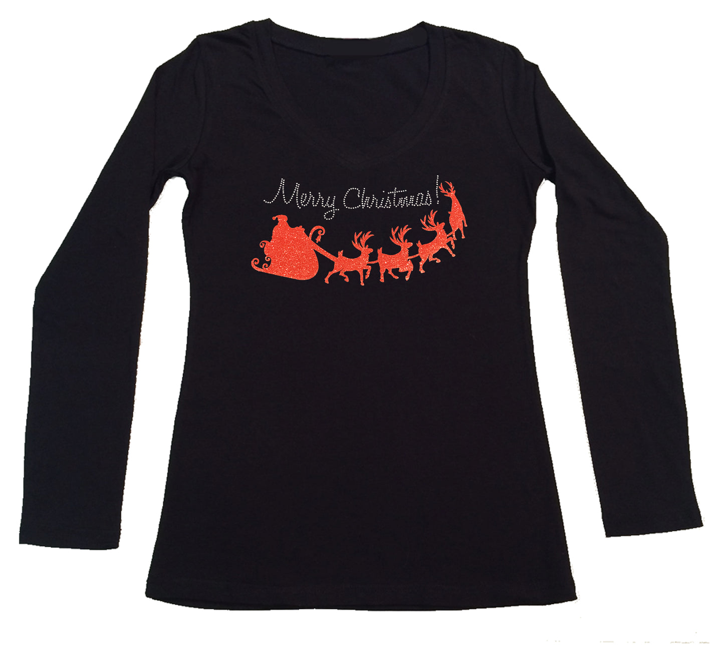Womens T-shirt with Merry Christmas with Red Santa Sleigh in Glitters and Rhinestones